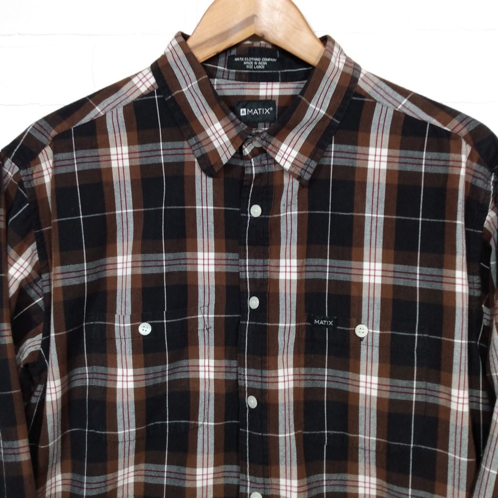 Matix men's large brown plaid long sleeve  button slim fit shirt L